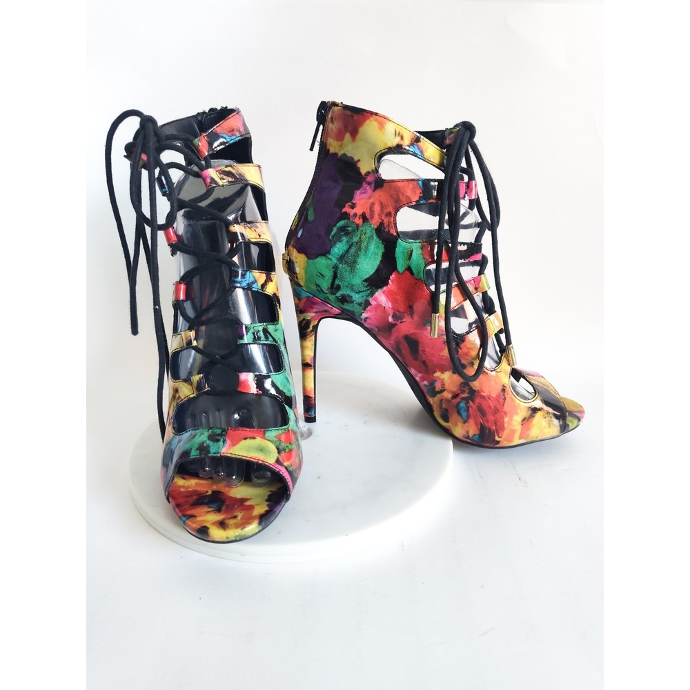 Candie's Lace Up Heeled Sandals 9 Lace-up Colorful Floral Cage Stiletto Open Toe